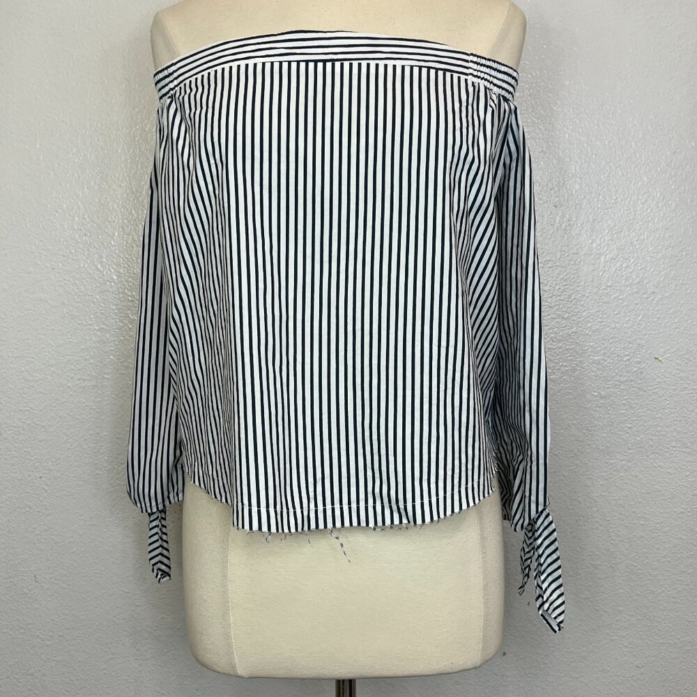 Faithfull The Brand Size 4 Striped Off Shoulder Hi-Low Raw Hem Blue White Top